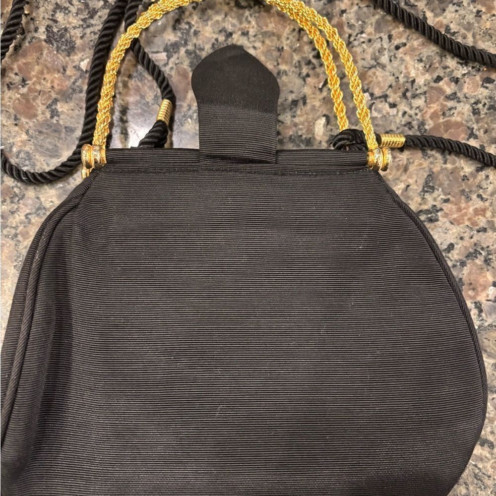 Whiting & Davis Vintage Evening Bag Gold Tone Handles Long Black Strap - Picture 5 of 7